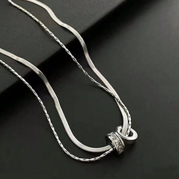 Silver Casual Women's Stainless Steel Round Cz Inlaid Double Layer Necklace - Picture 10 of 14